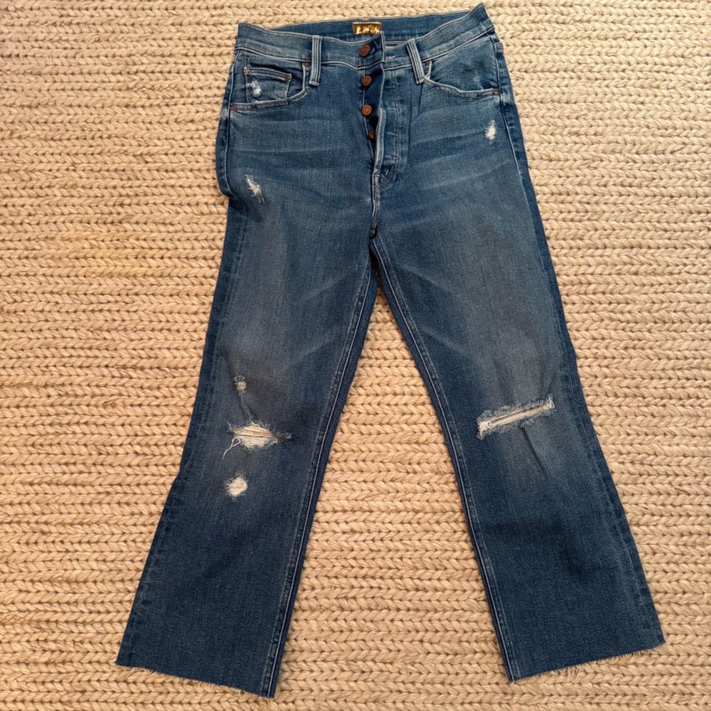 MOTHER Dark Blue Distressed Flare Jeans